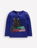 Puff Sleeve Appliqué  T-shirt-Bright Blue Cat