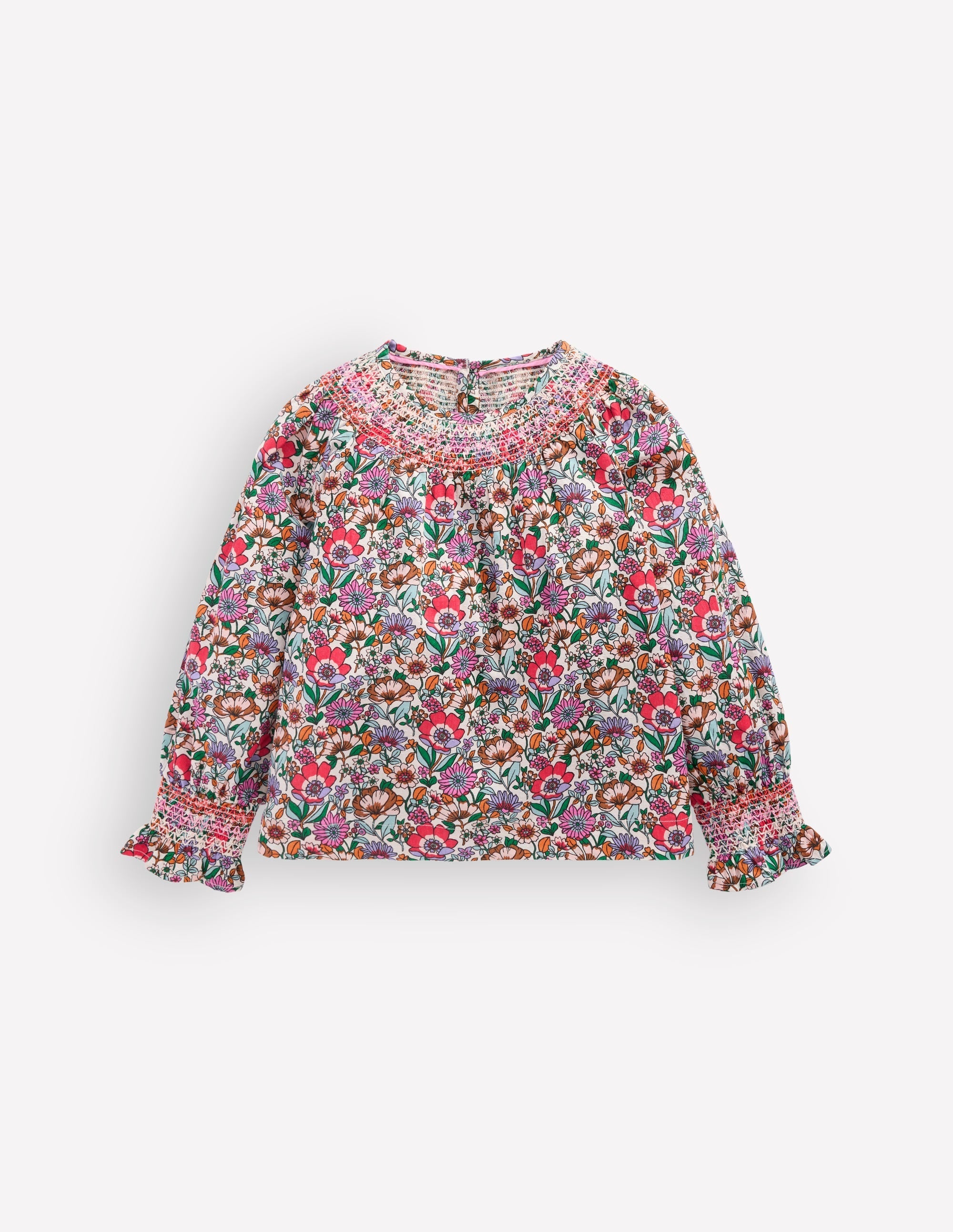 Smocked Printed Blouse-Soft Cream Floral Field