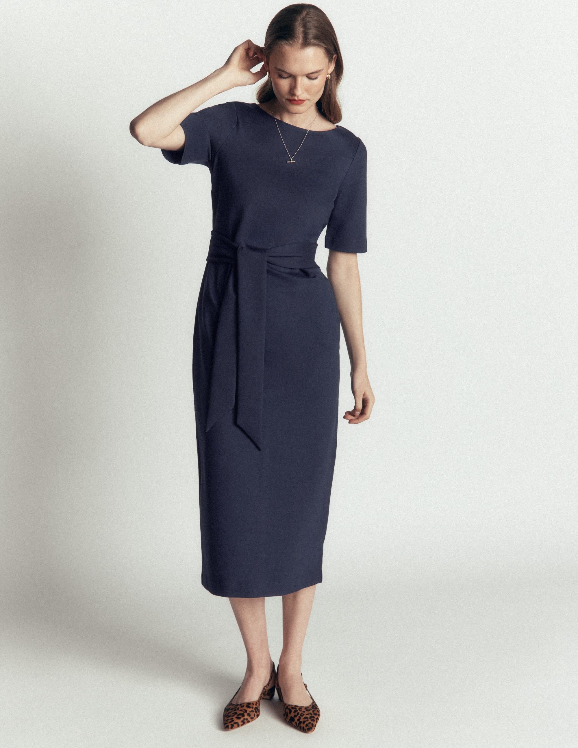 Belted Ponte Midi Dress-Navy
