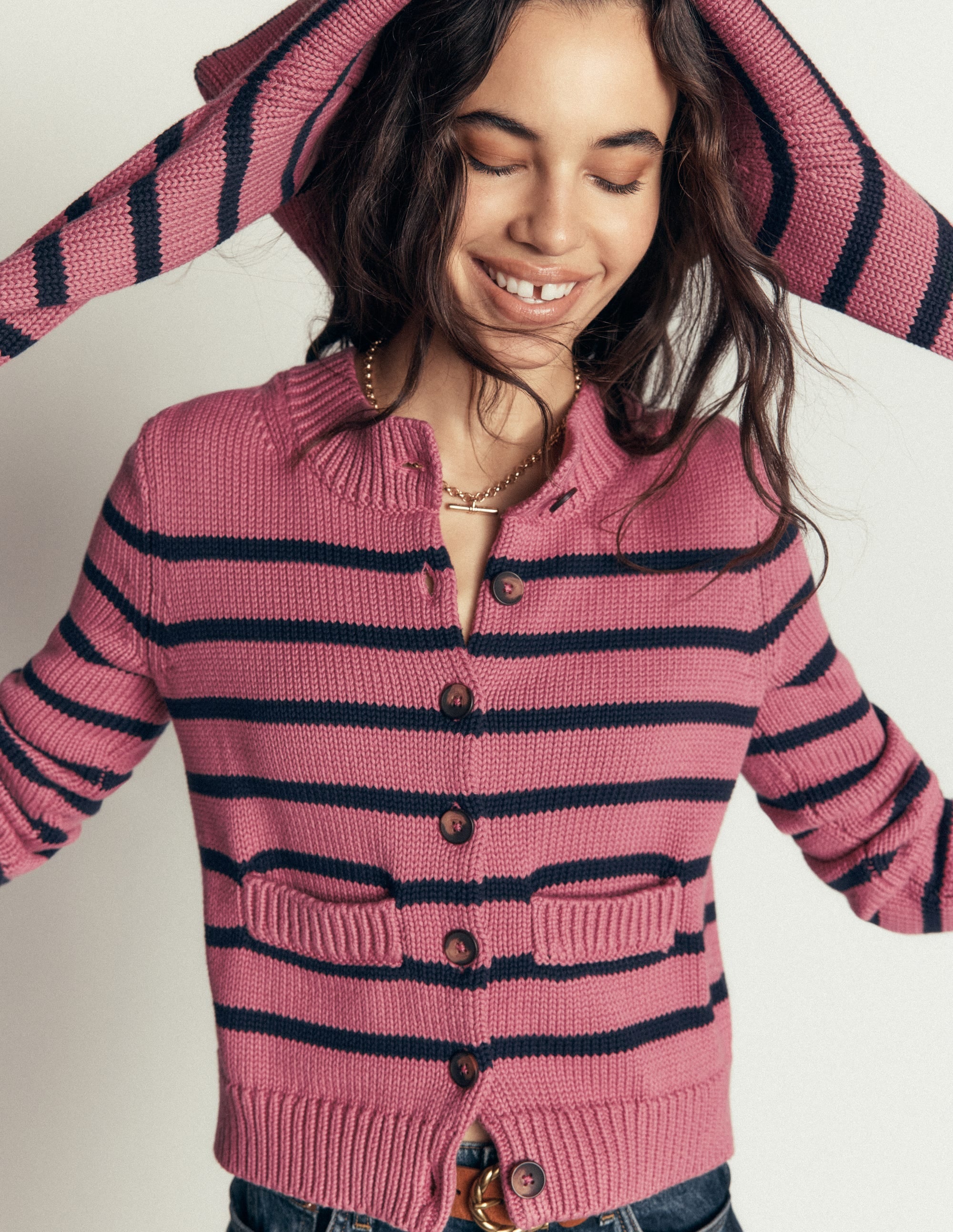 Lucy Chunky Cotton Cardigan-heather rose, navy stripe