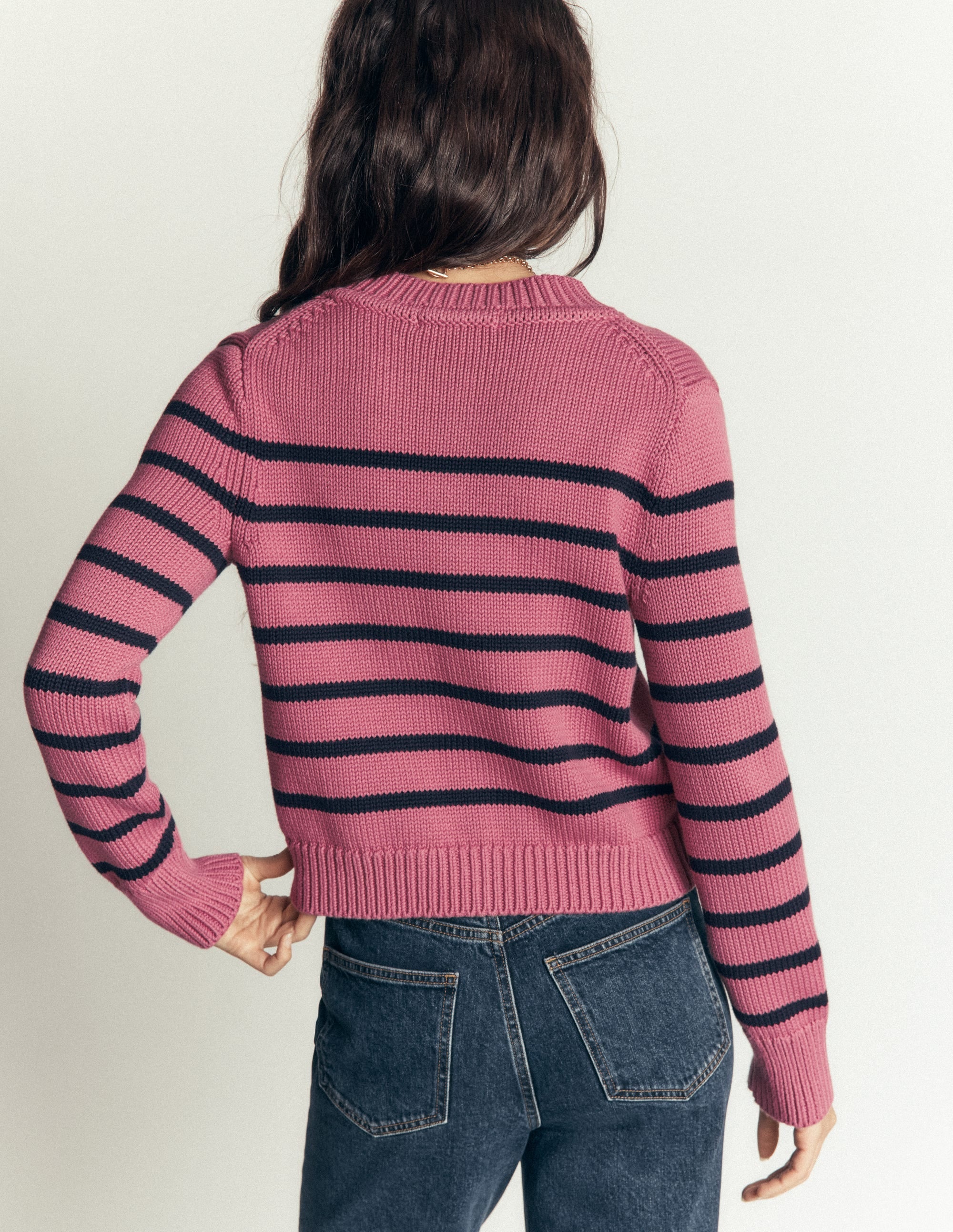 Lucy Chunky Cotton Cardigan-heather rose, navy stripe