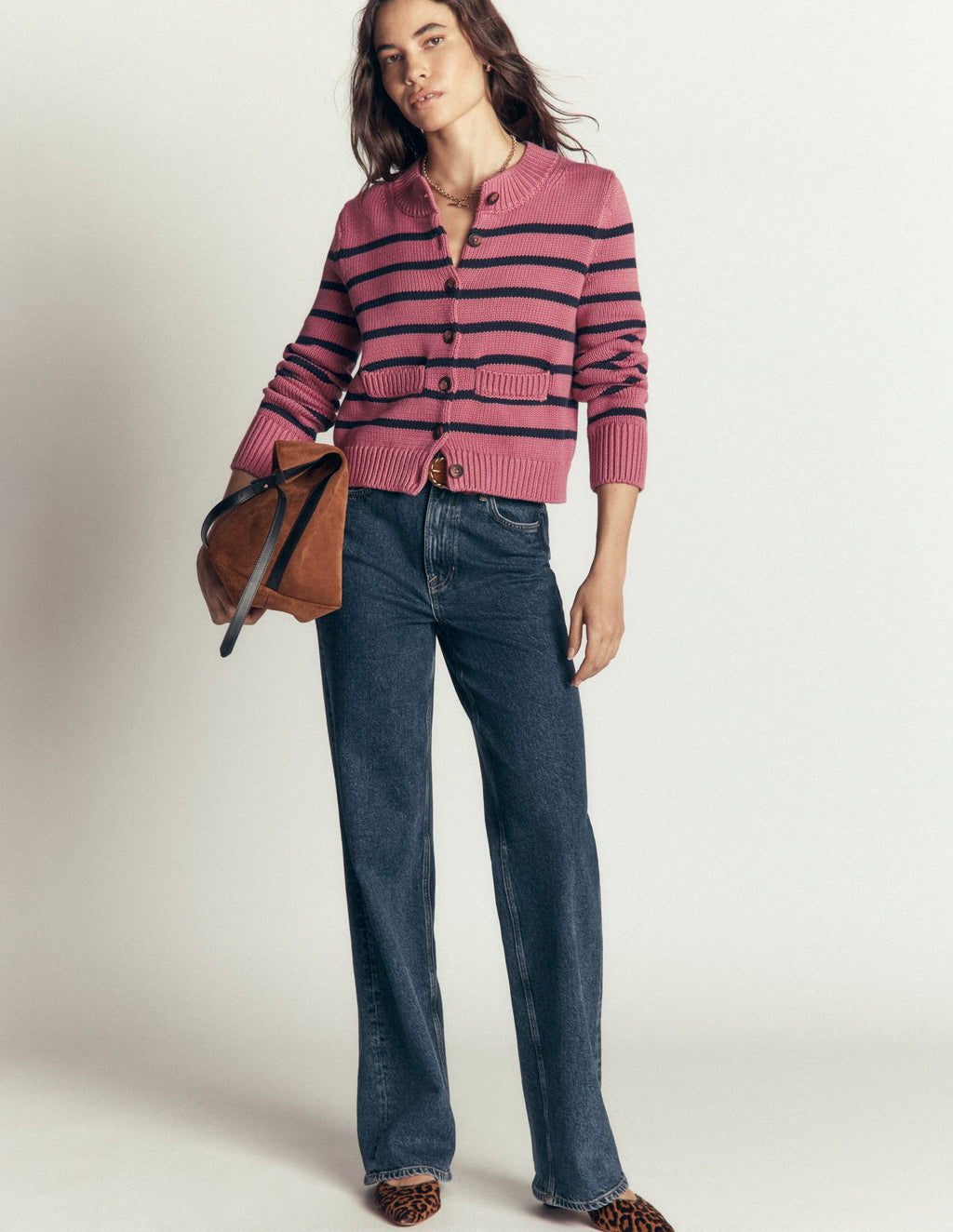 Lucy Chunky Cotton Cardigan-heather rose, navy stripe