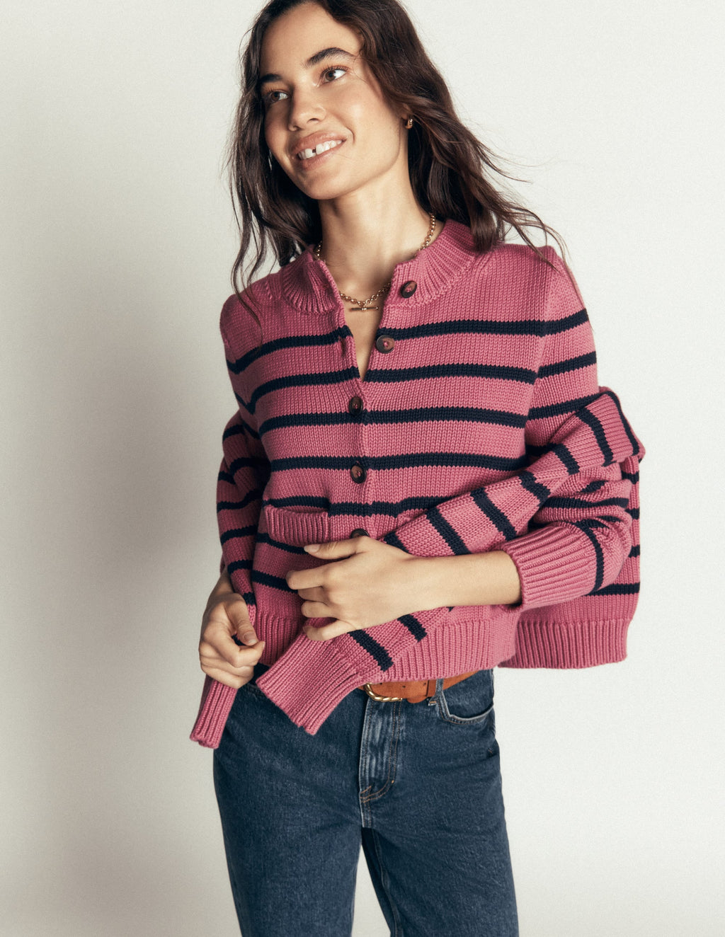Lucy Chunky Cotton Cardigan-heather rose, navy stripe