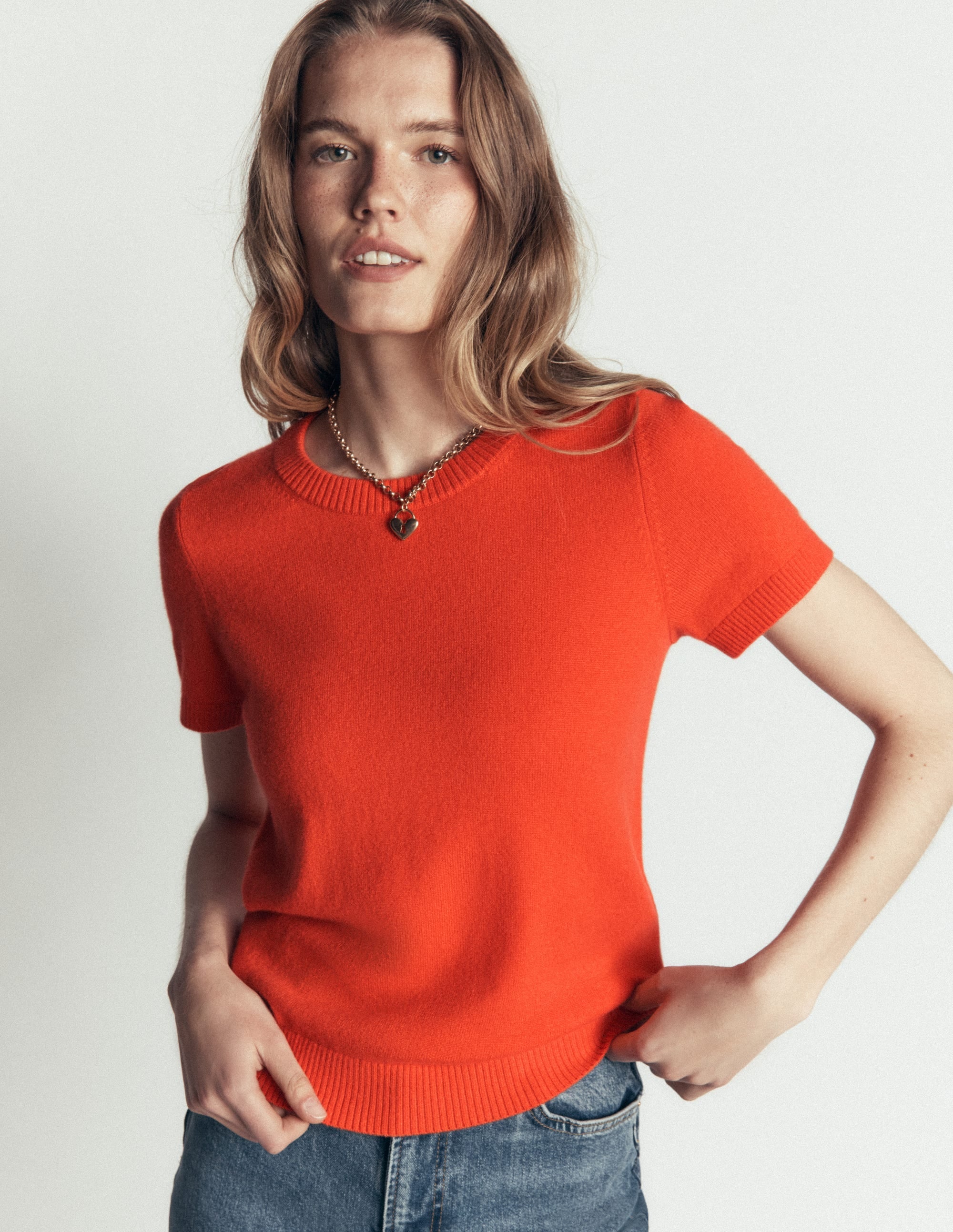 Elsie Cashmere Crew T-Shirt-Orange Lily