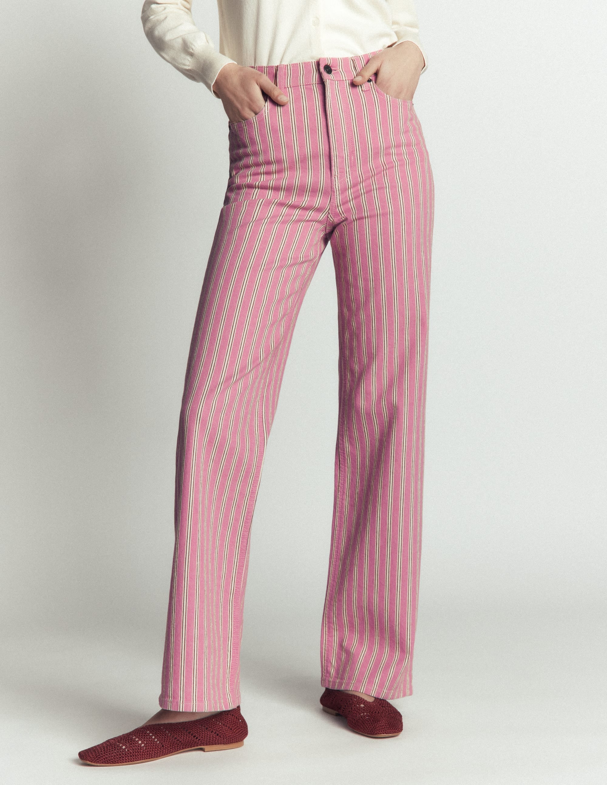 High Rise Column Leg Jeans-Pink, Maroon Tram Stripe