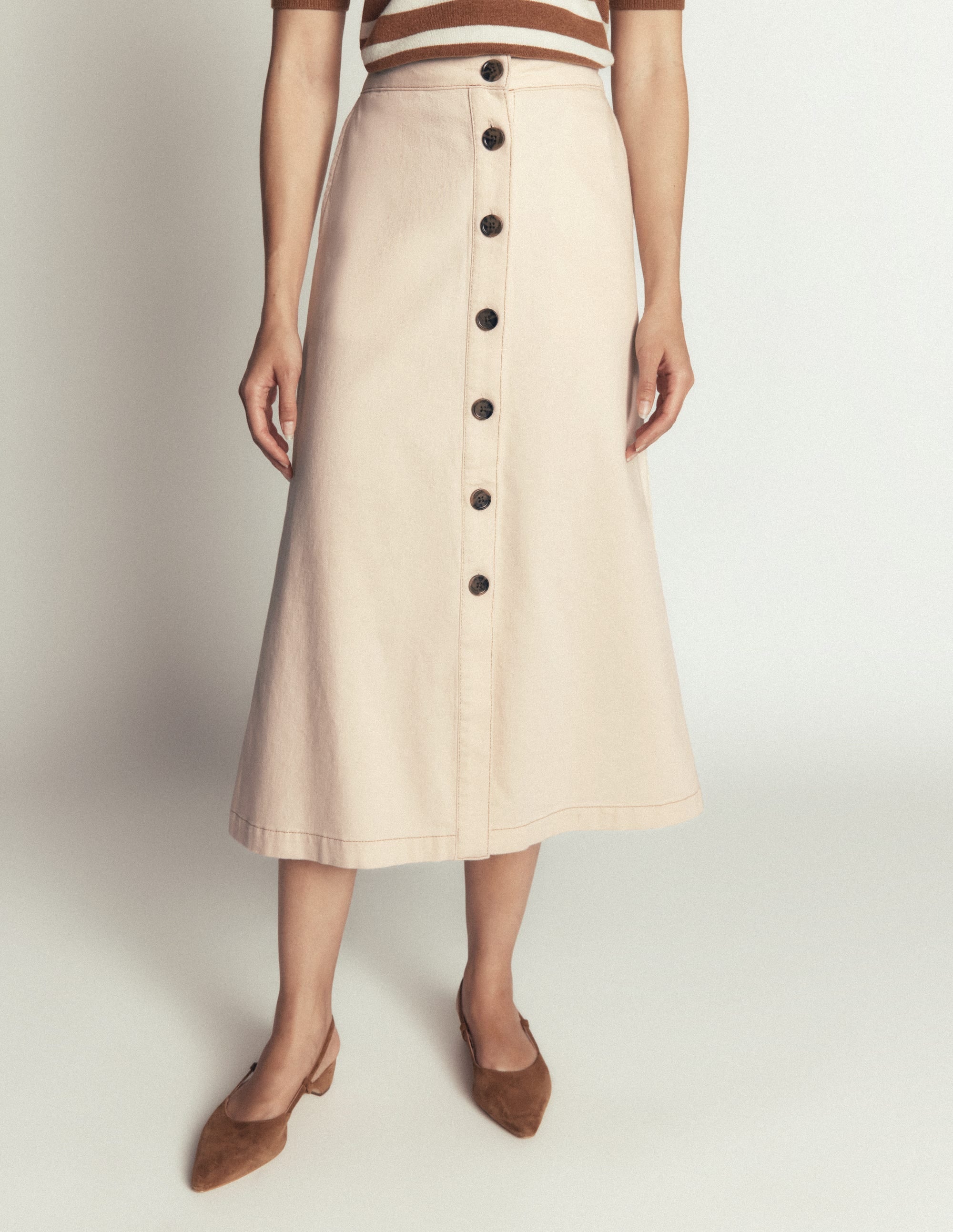 Val Button Denim Midi Skirt-Ecru