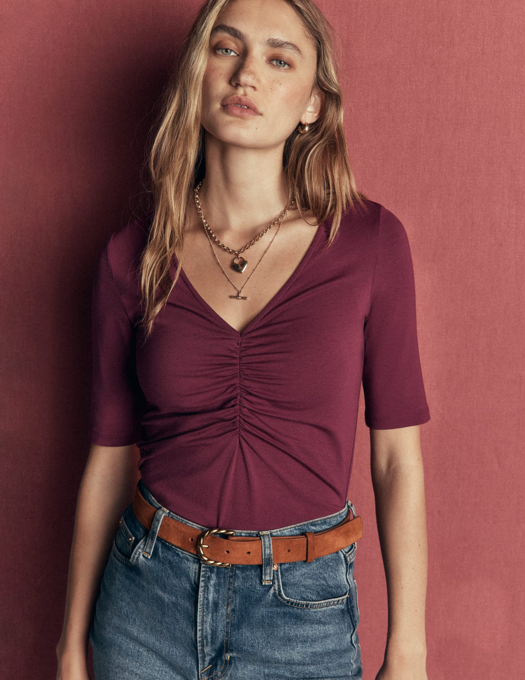 Tia Ruched V-neck Top-Deep Wisteria