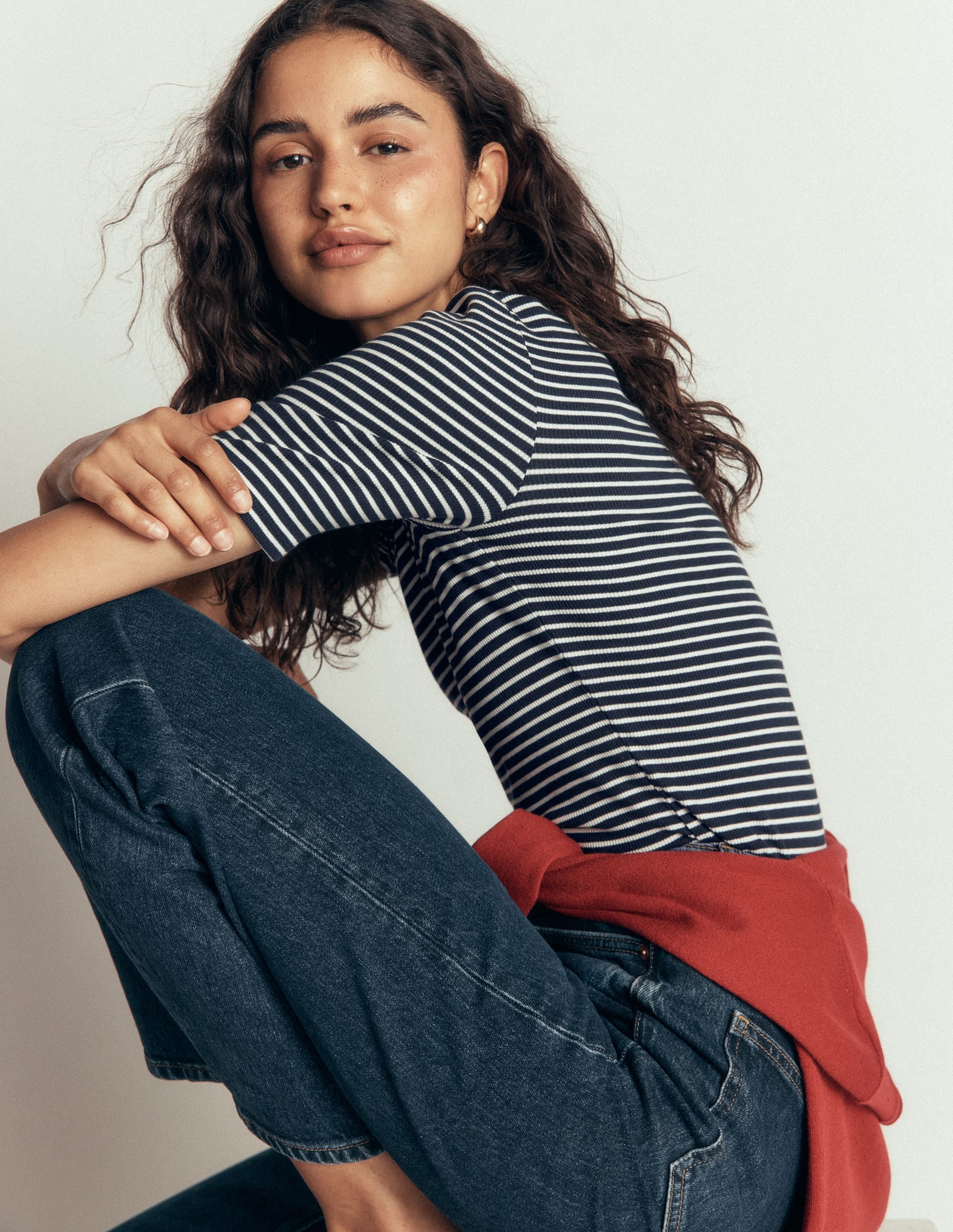Ribbed Cotton T-Shirt-Navy & Ivory Stripe