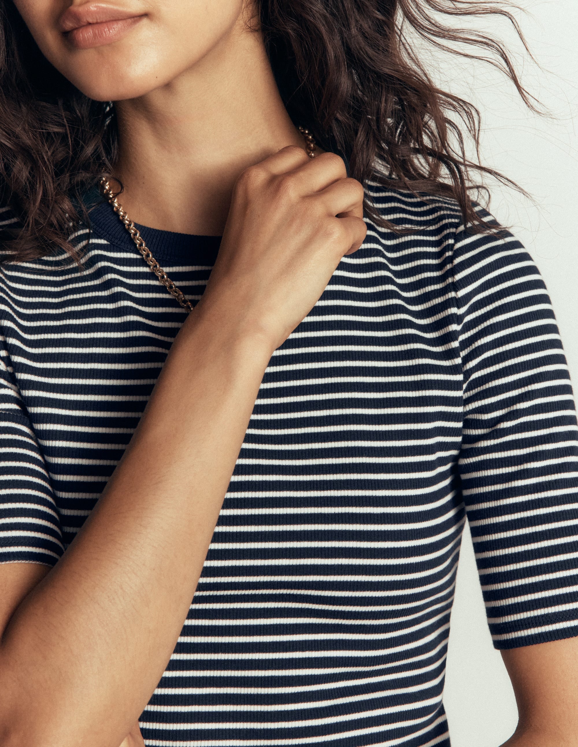 Ribbed Cotton T-Shirt-Navy & Ivory Stripe