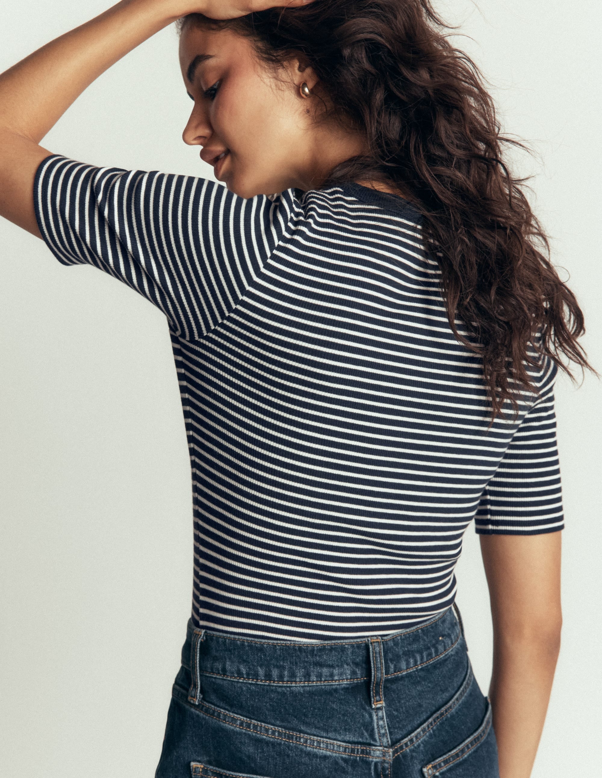 Ribbed Cotton T-Shirt-Navy & Ivory Stripe