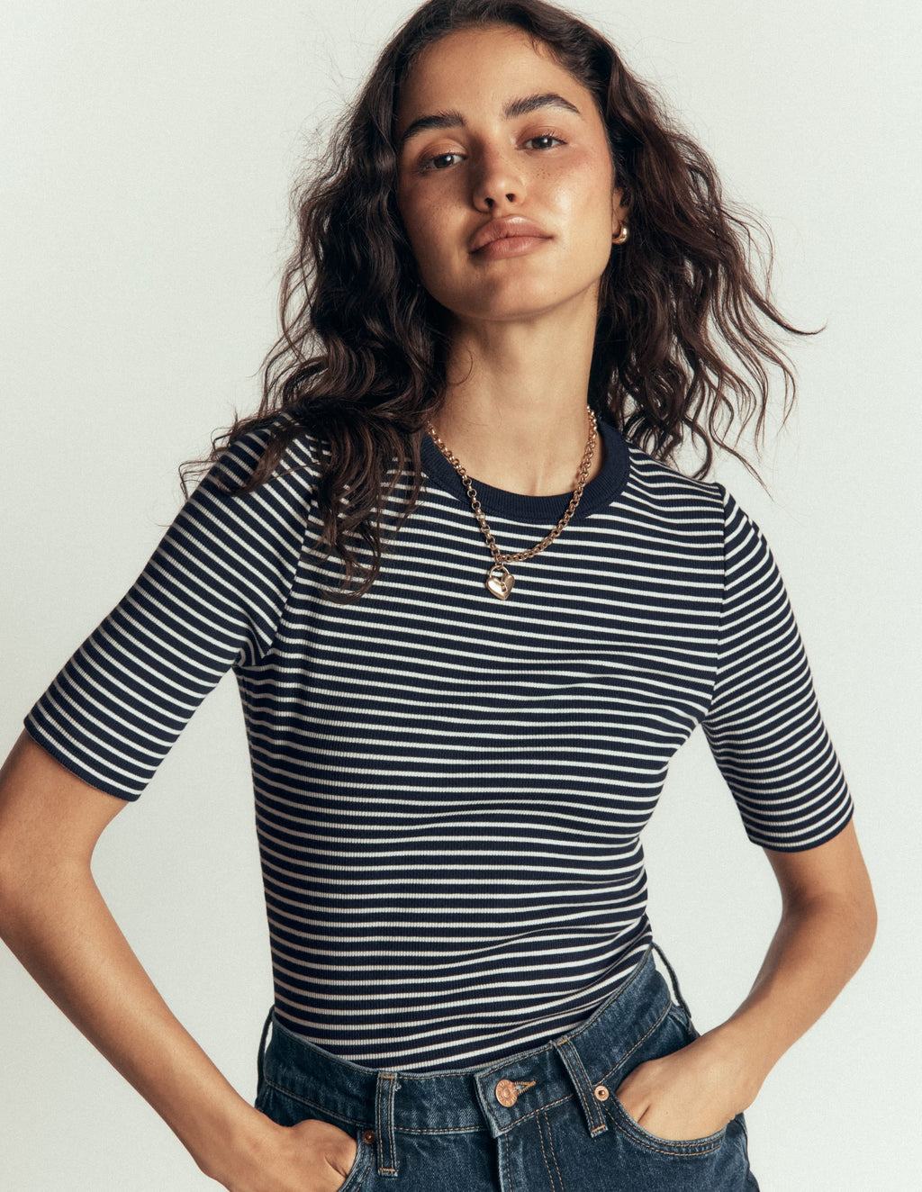 Ribbed Cotton T-Shirt-Navy & Ivory Stripe