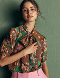 Tie Neck Silk Top-Woodland, Whimsical Flora