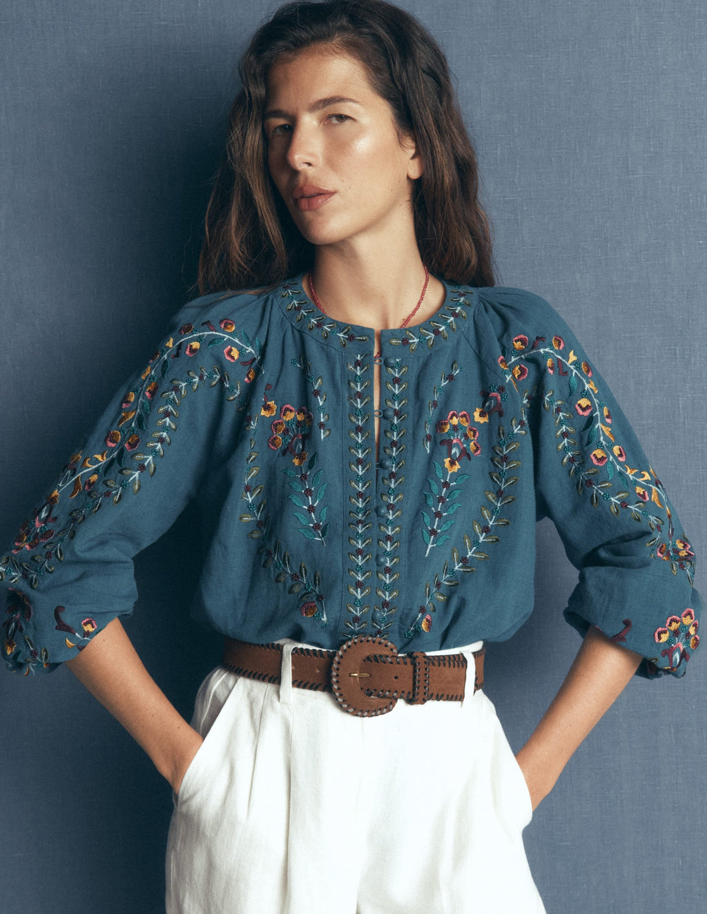 Raglan Embroidered Top-Mid Blue