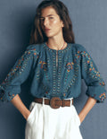 Raglan Embroidered Top-Mid Blue