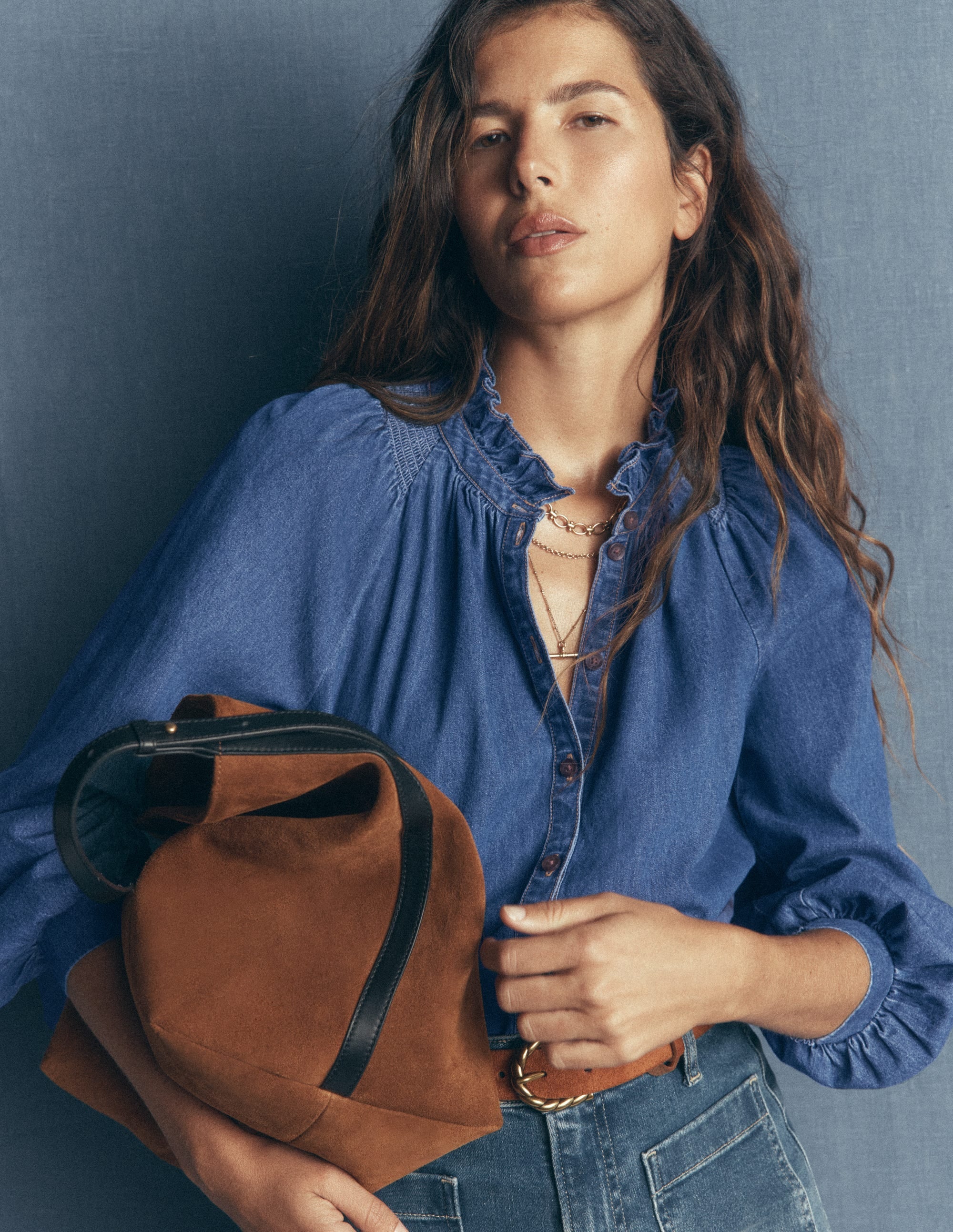Erica  Denim Frill Top-Mid Vintage