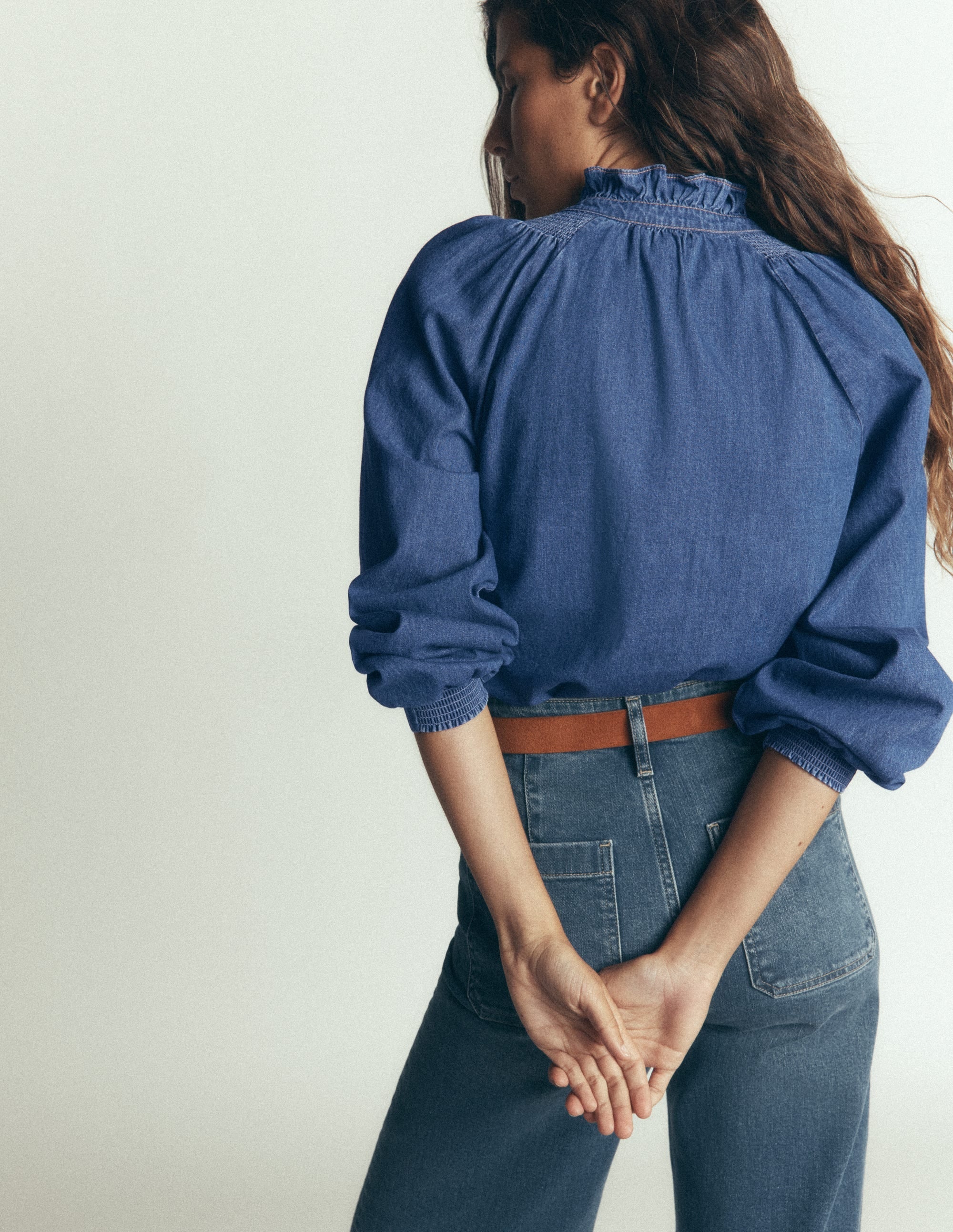 Erica  Denim Frill Top-Mid Vintage