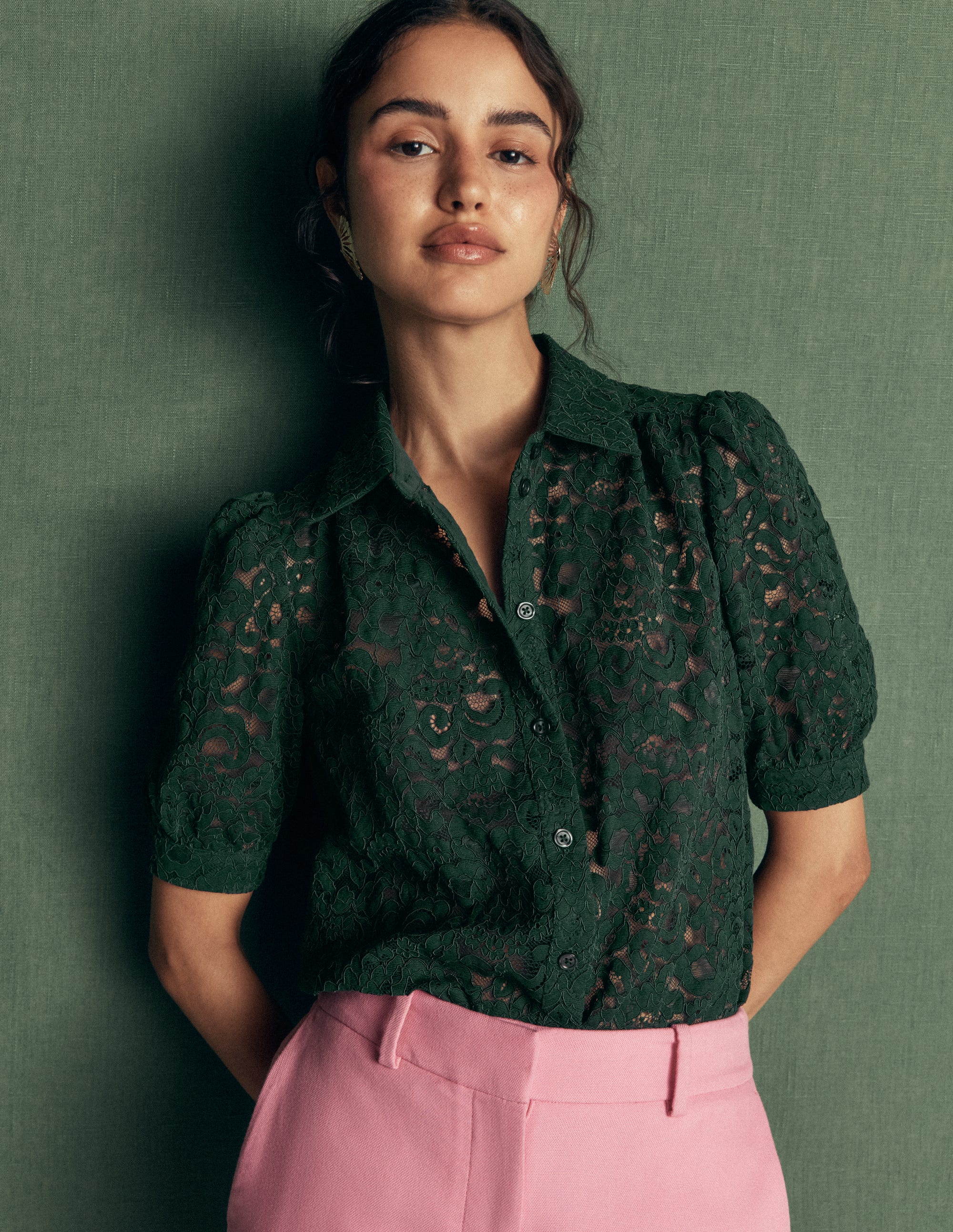 SS Lace Top-Dark Green