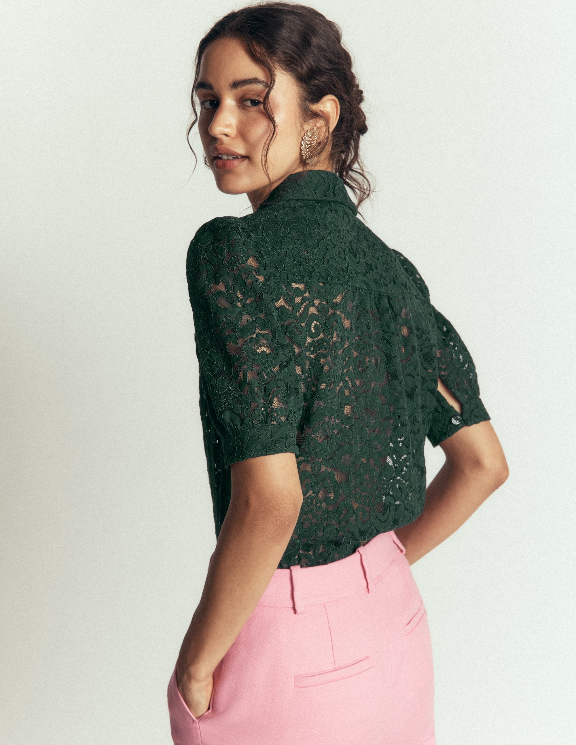 SS Lace Top-Dark Green