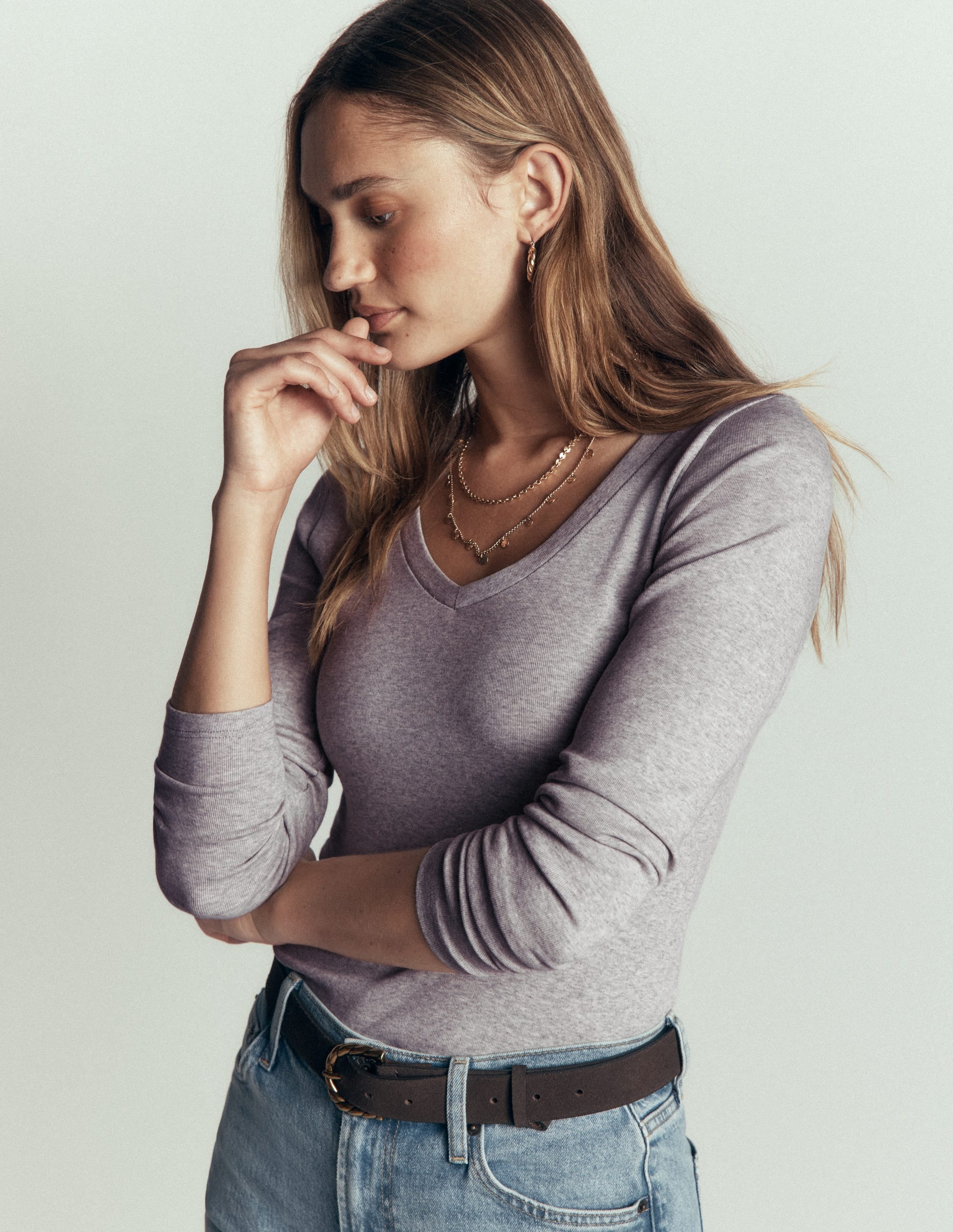 Essential V Neck Top-Grey Marl
