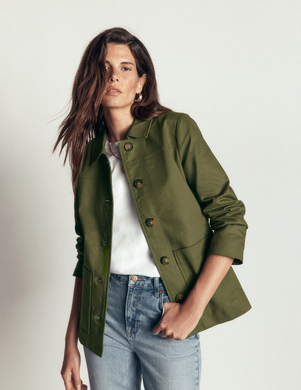Fife Cotton Chore Jacket-Khaki Embellished